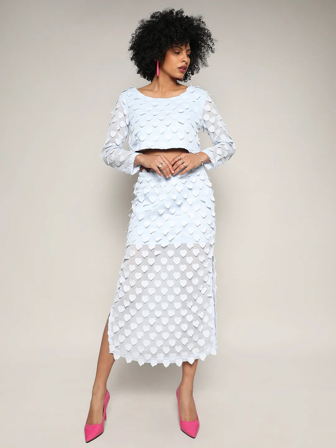 Baby Blue Sheer Applique Co-Ord Set With Slit
