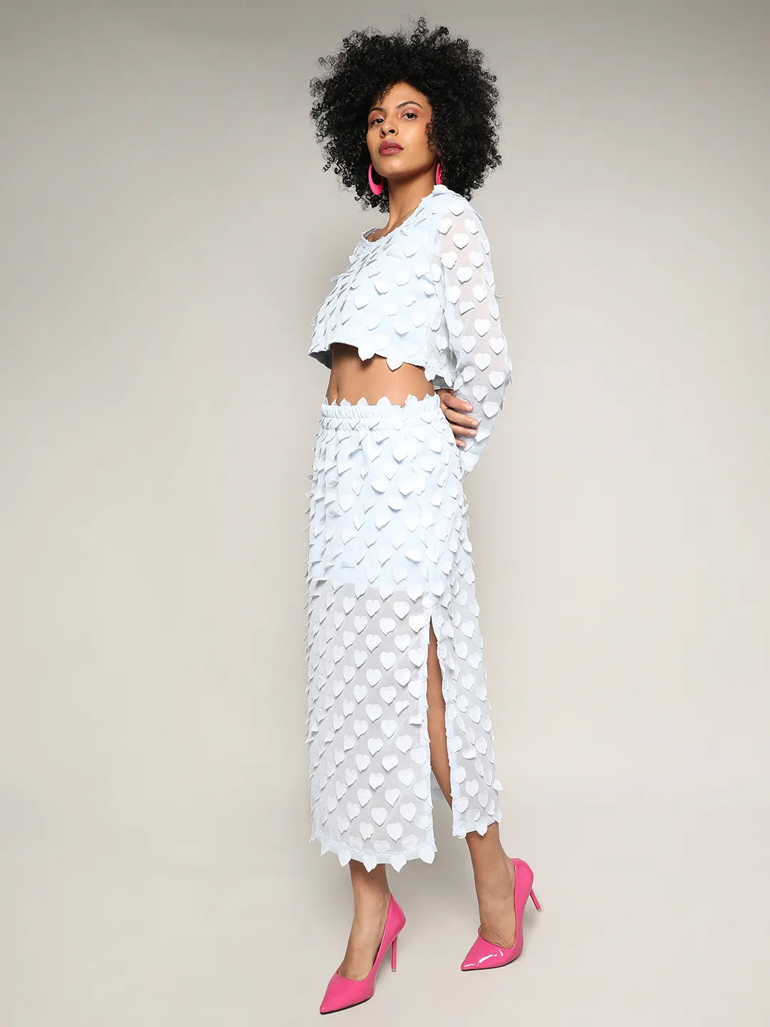 Baby Blue Sheer Applique Co-Ord Set With Slit