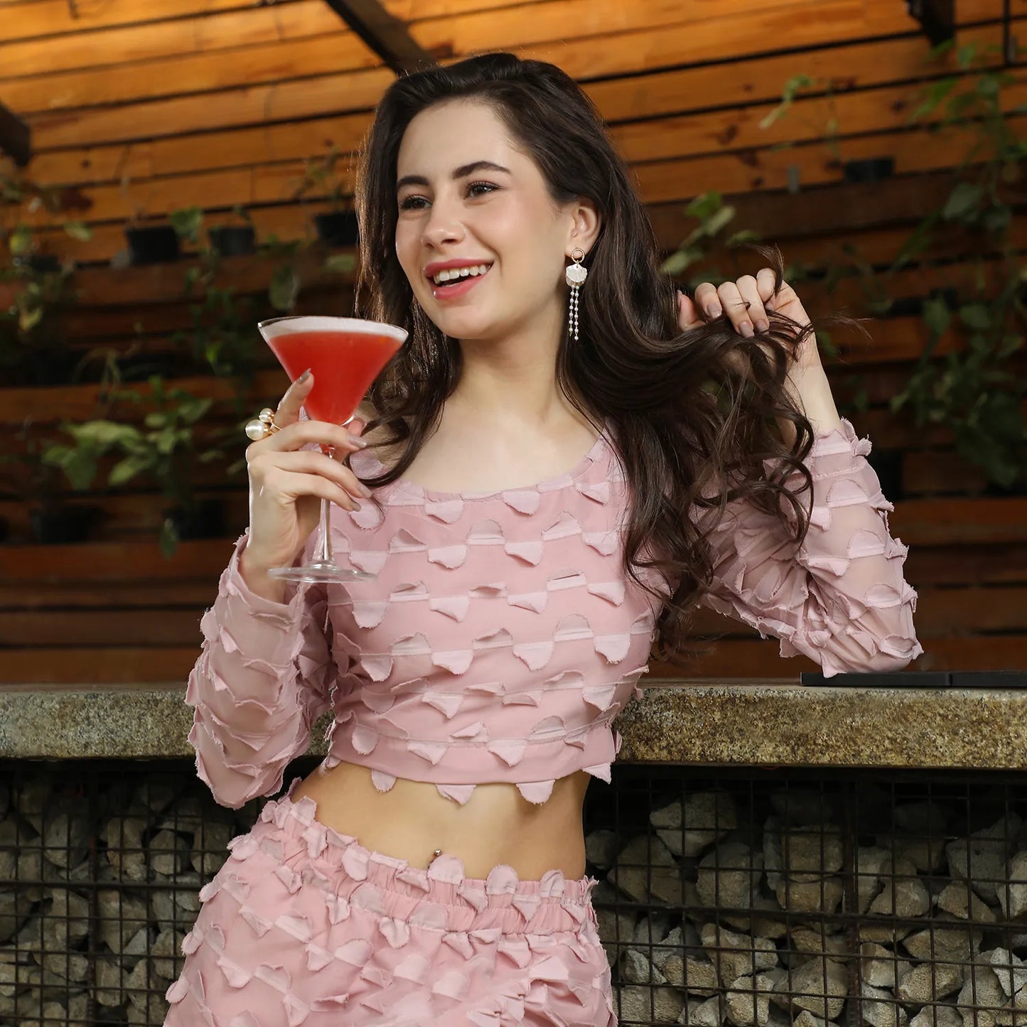 Blush Pink Sheer Applique Co-Ord Set With Slit