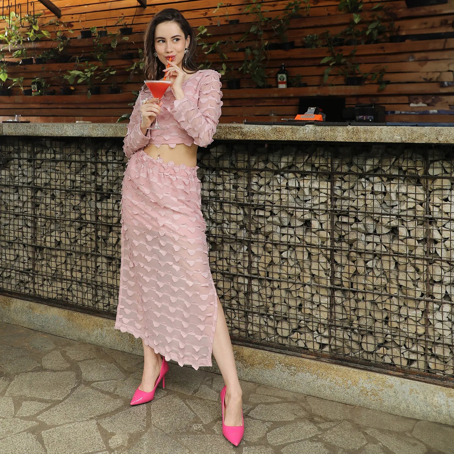 Blush Pink Sheer Applique Co-Ord Set With Slit