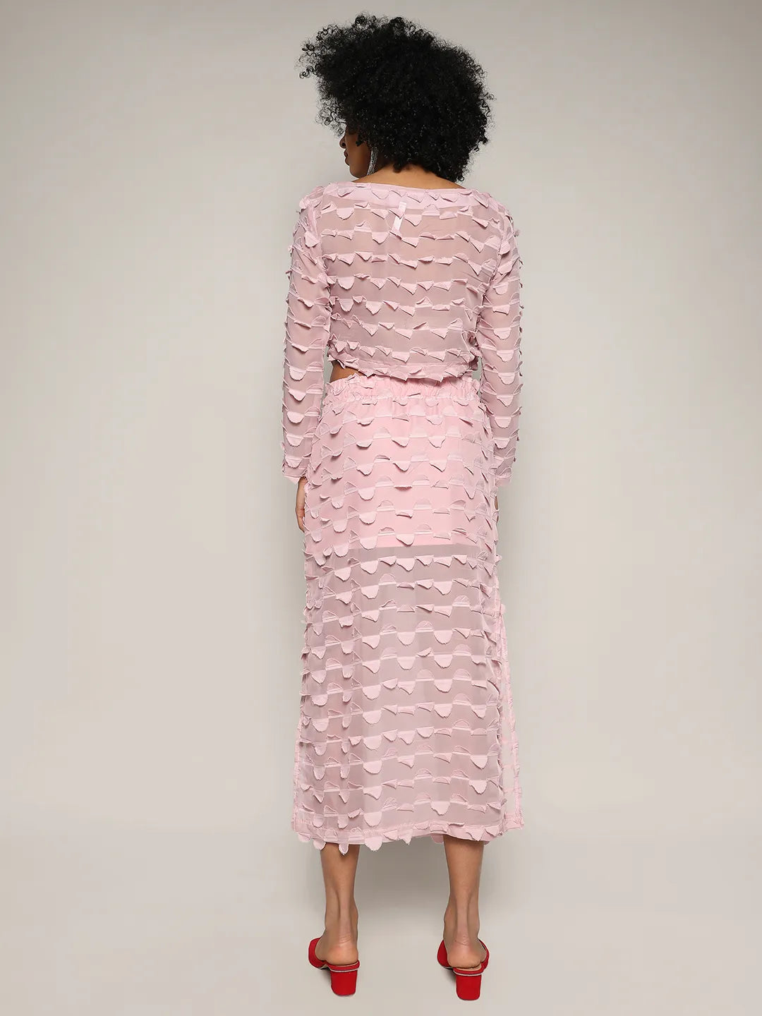 Blush Pink Sheer Applique Co-Ord Set With Slit