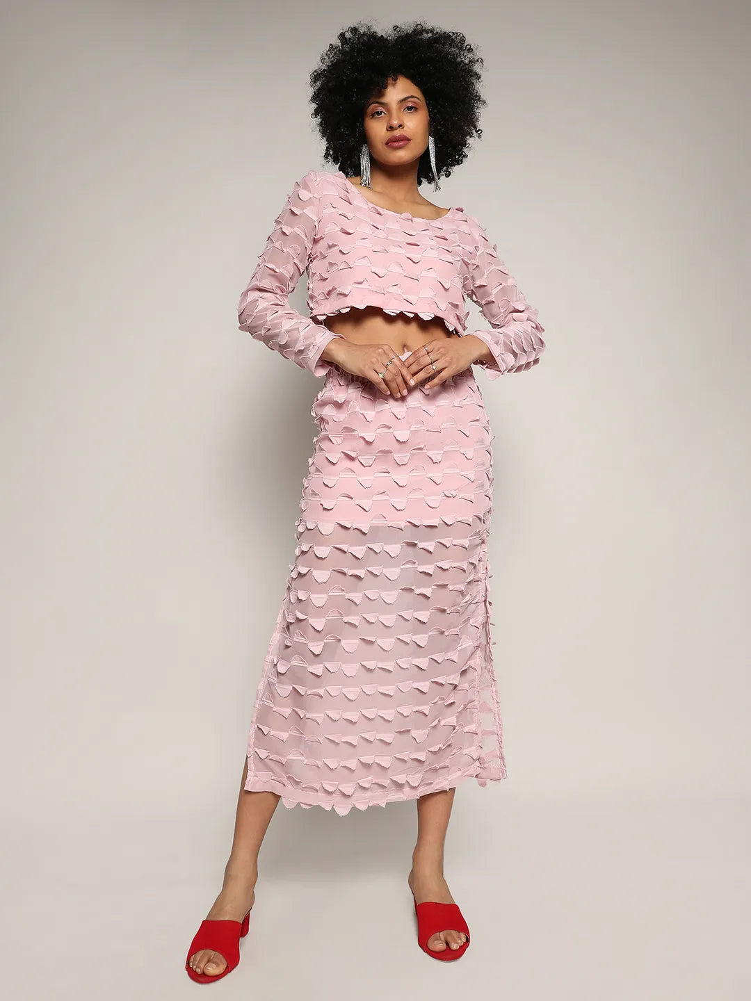 Blush Pink Sheer Applique Co-Ord Set With Slit