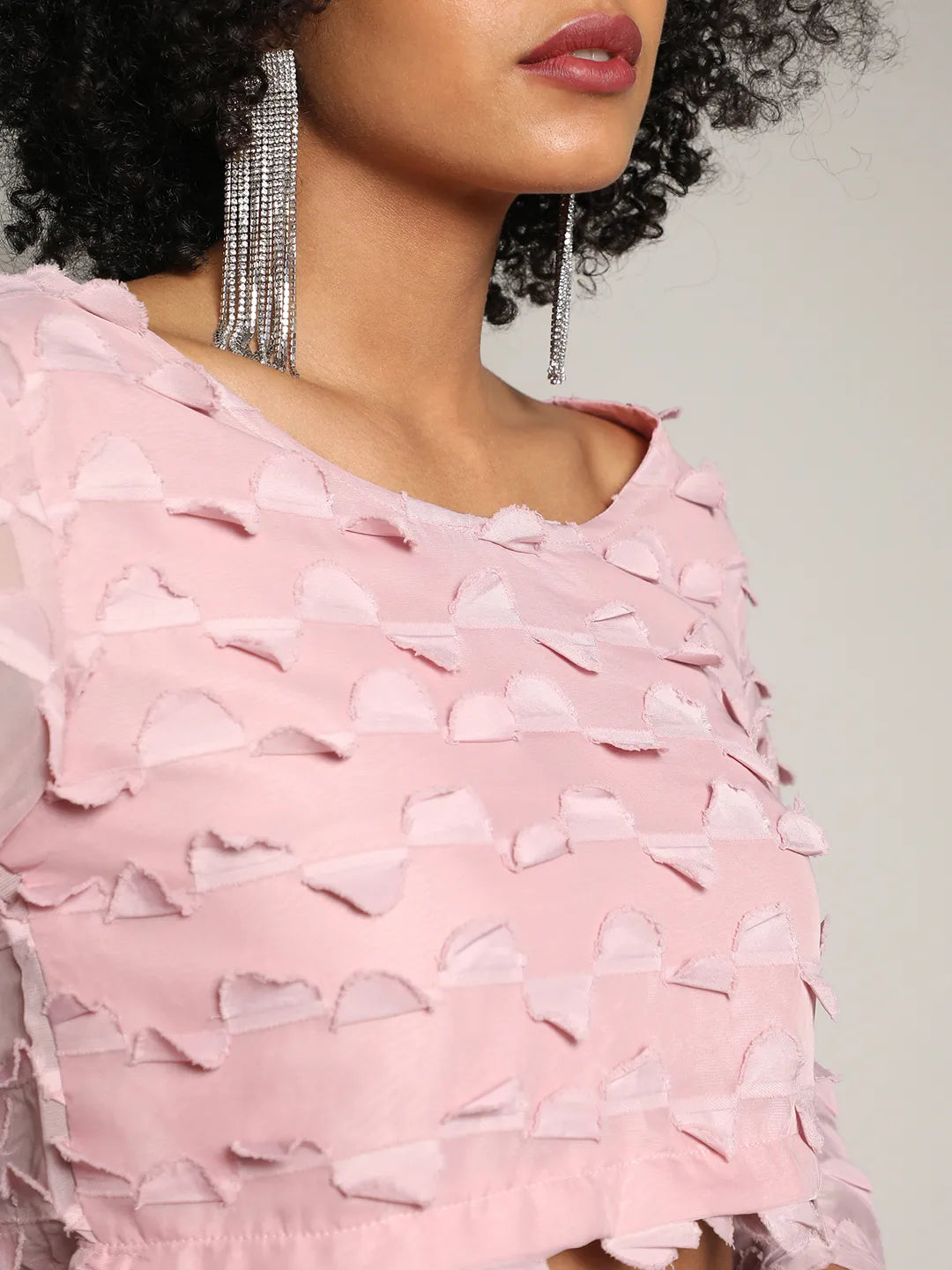 Blush Pink Sheer Applique Co-Ord Set With Slit