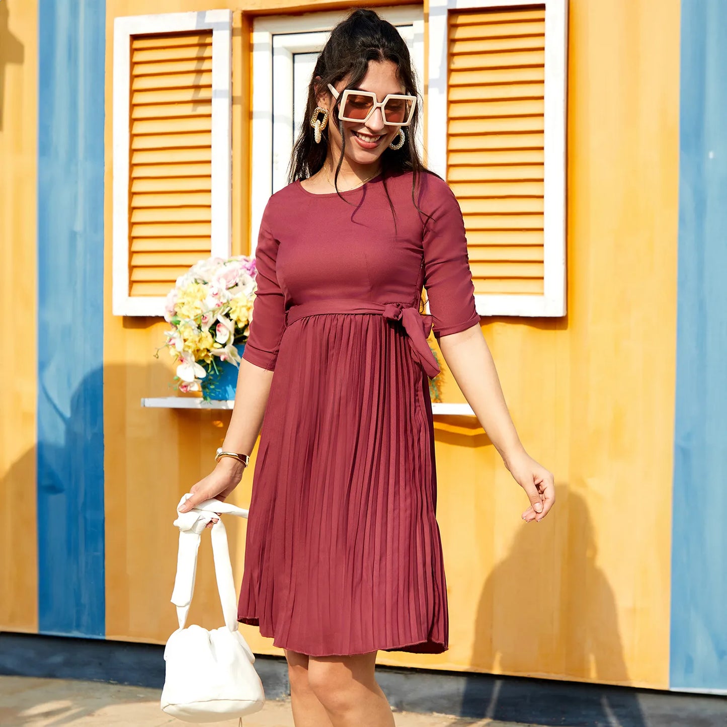 Pleated Tie-Up Dress