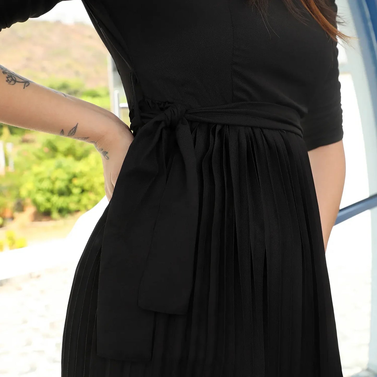 Pleated Tie-Up Dress