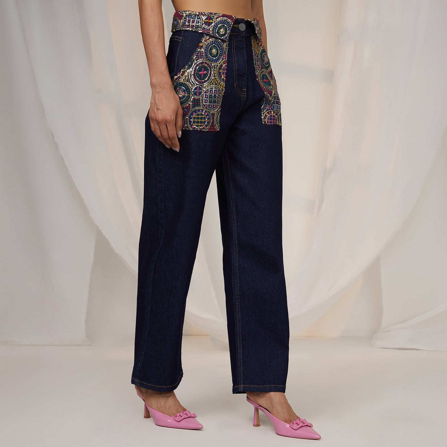 Embroidered Patch Denim Jeans