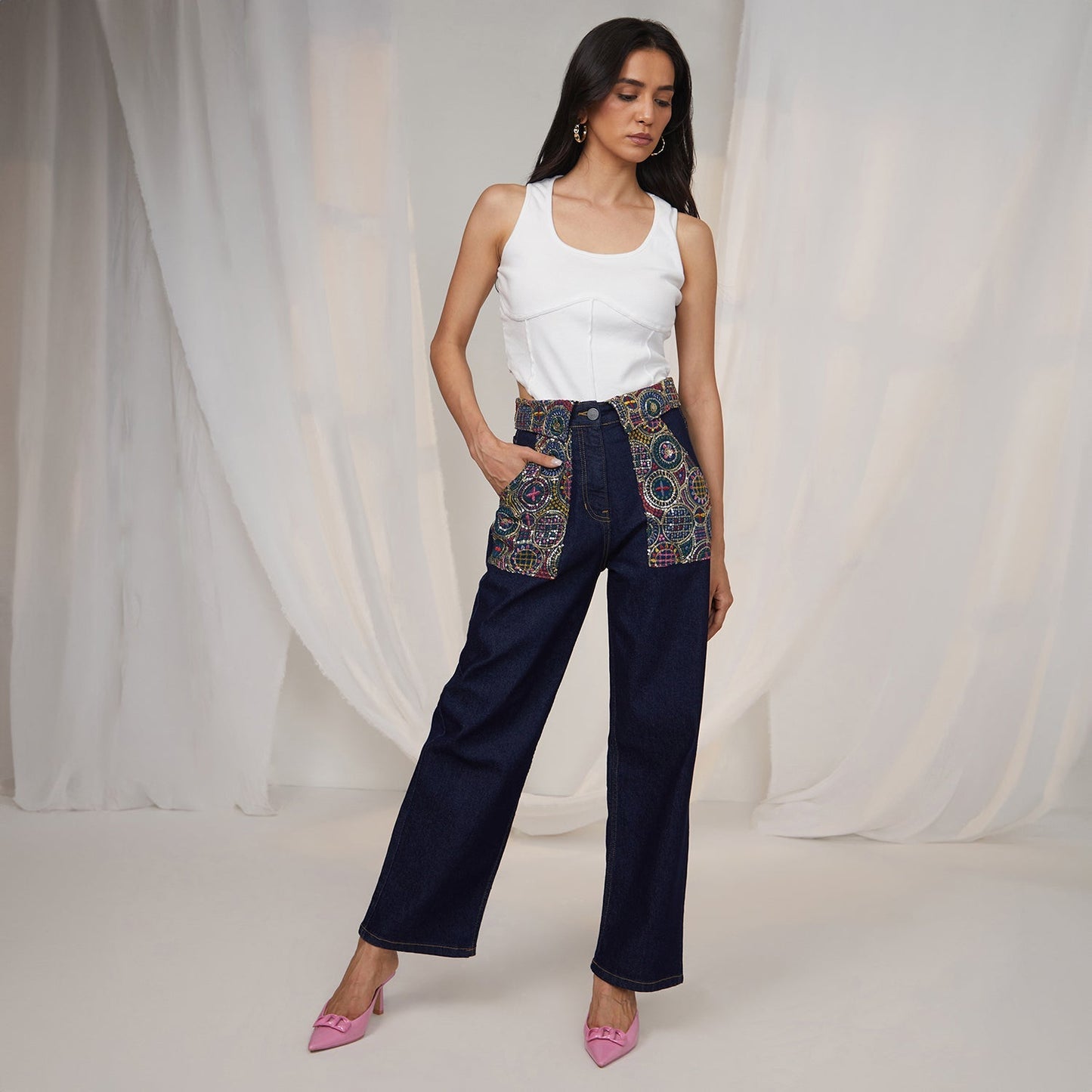 Embroidered Patch Denim Jeans