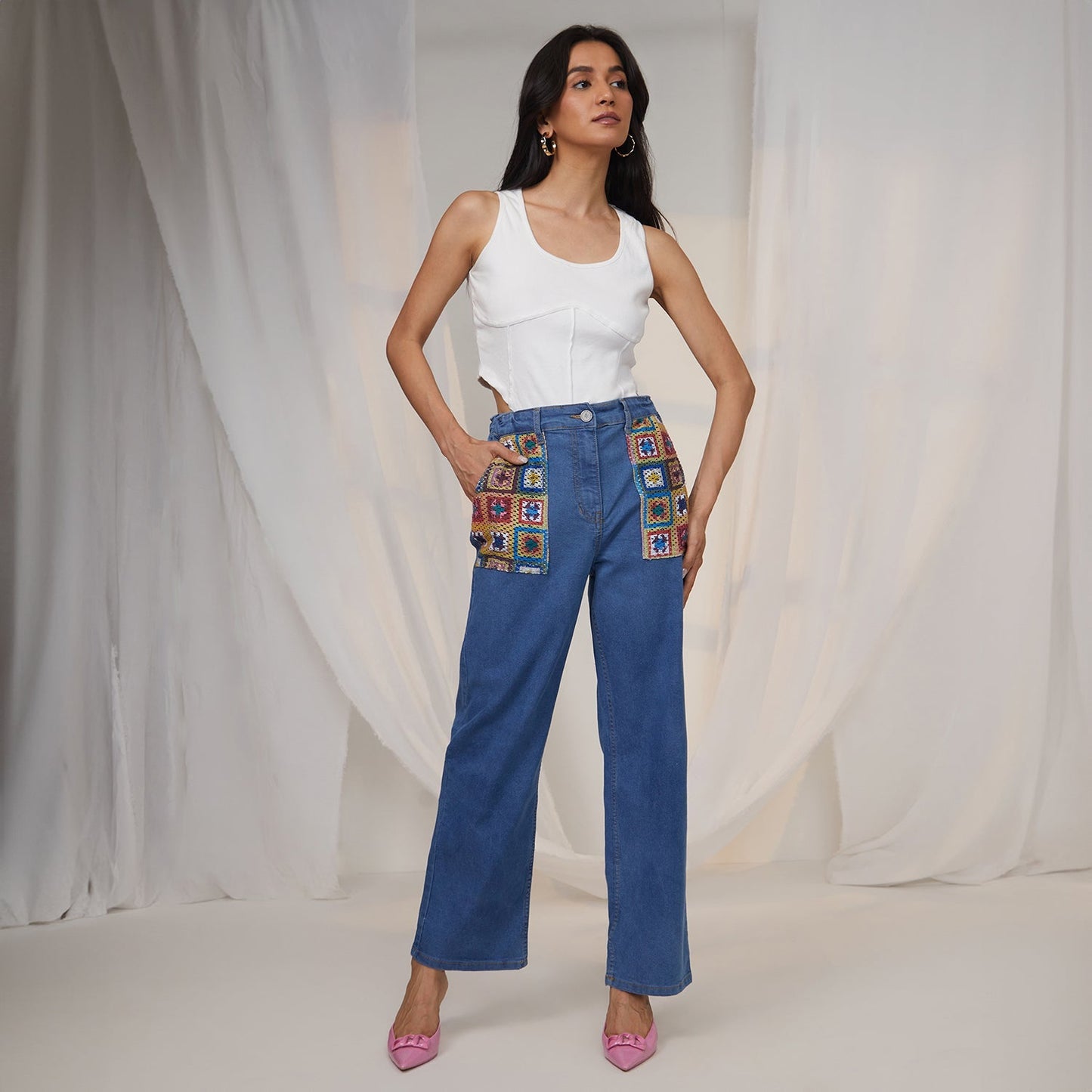 Contrast Patch Denim Jeans