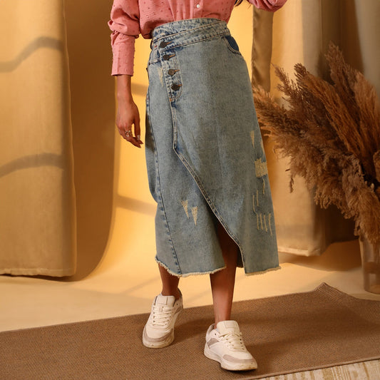 Asymmetrical Midi Denim Skirt
