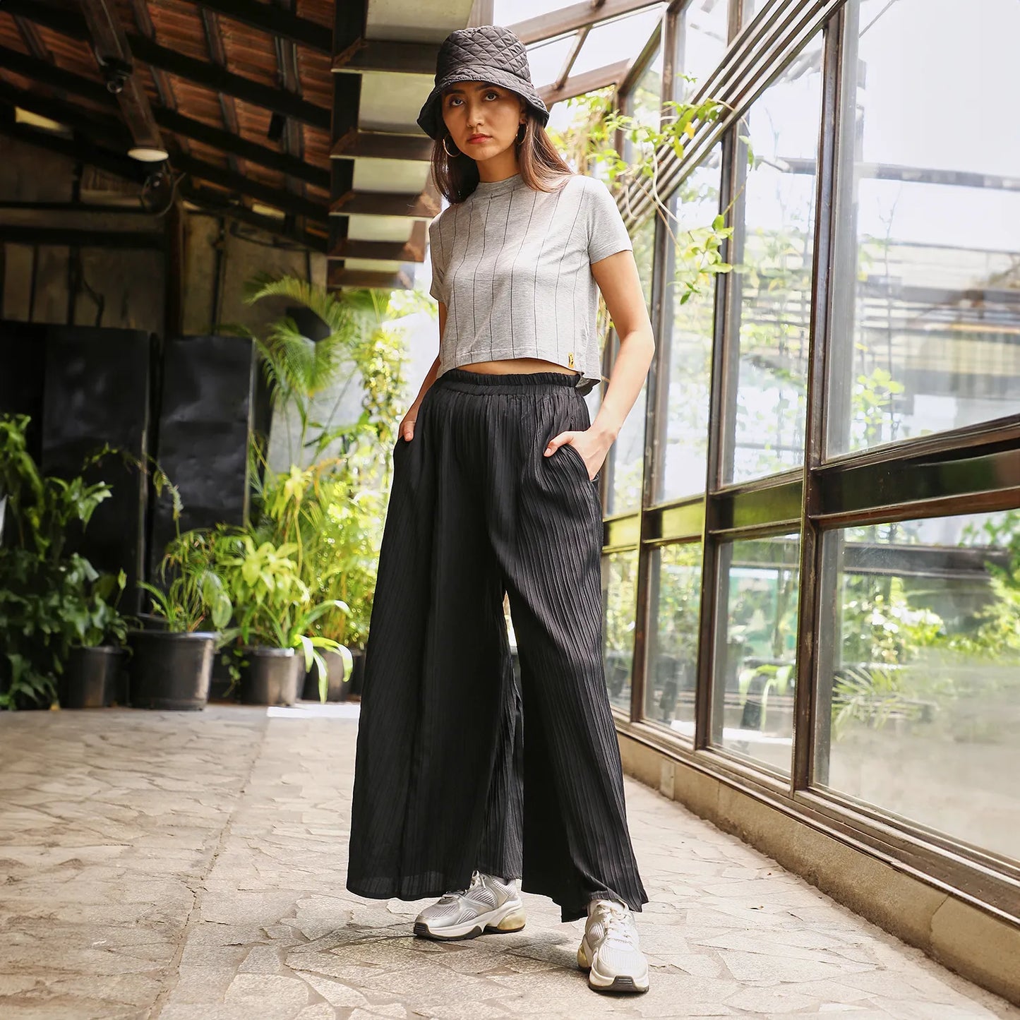 Striped Piping Flared Trousers