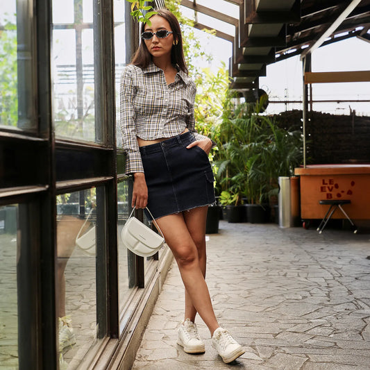 Tartan Plaid Cinched Cropped Shirt