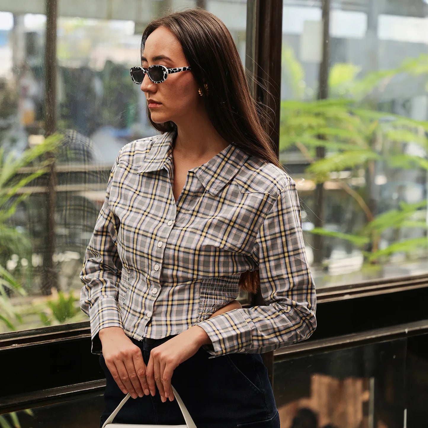 Tartan Plaid Cinched Cropped Shirt