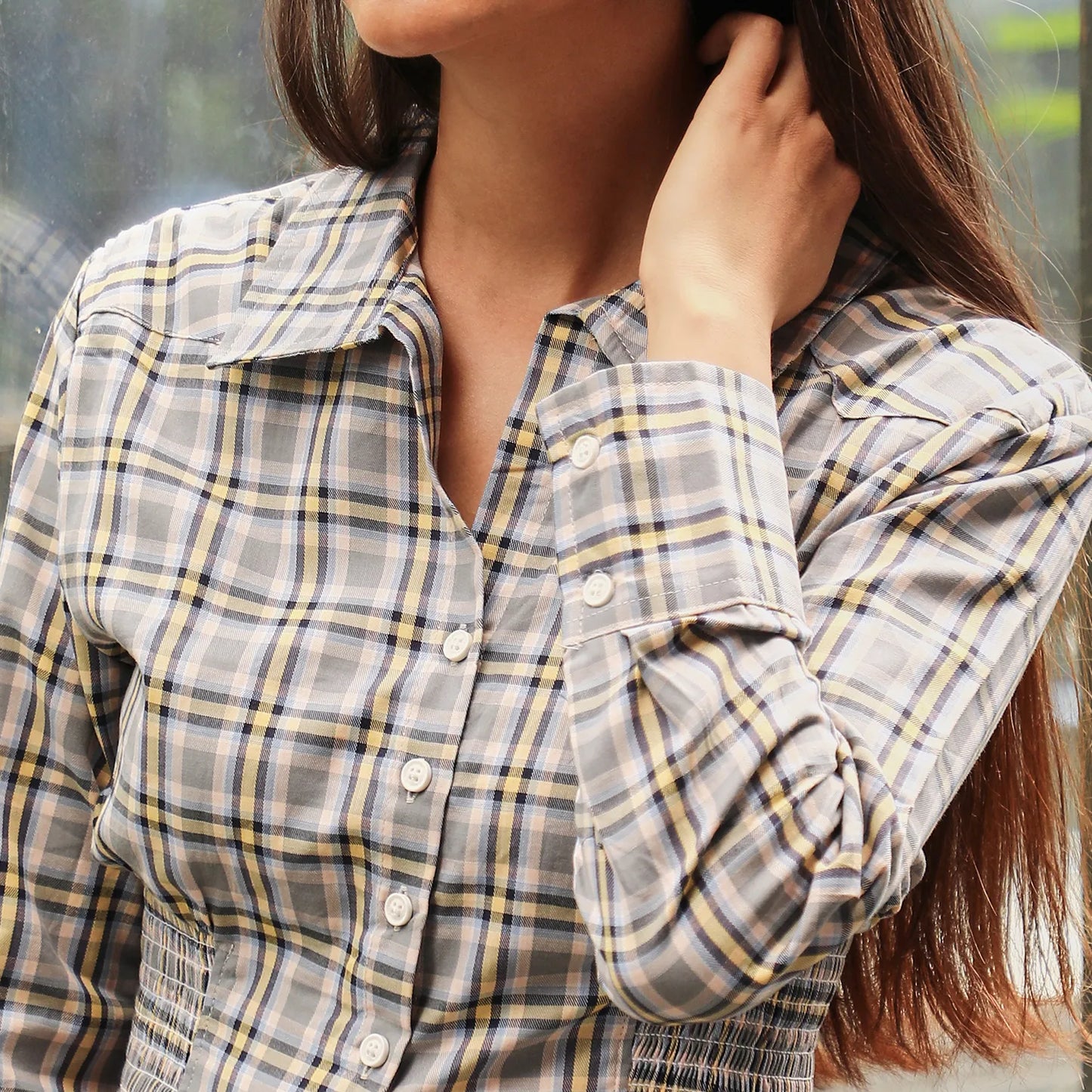 Tartan Plaid Cinched Cropped Shirt