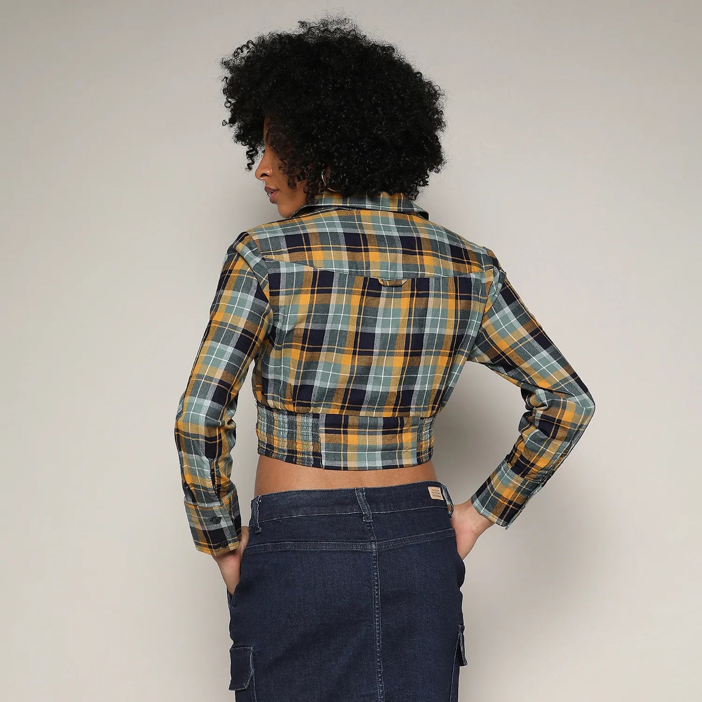 Tartan Plaid Cinched Cropped Shirt
