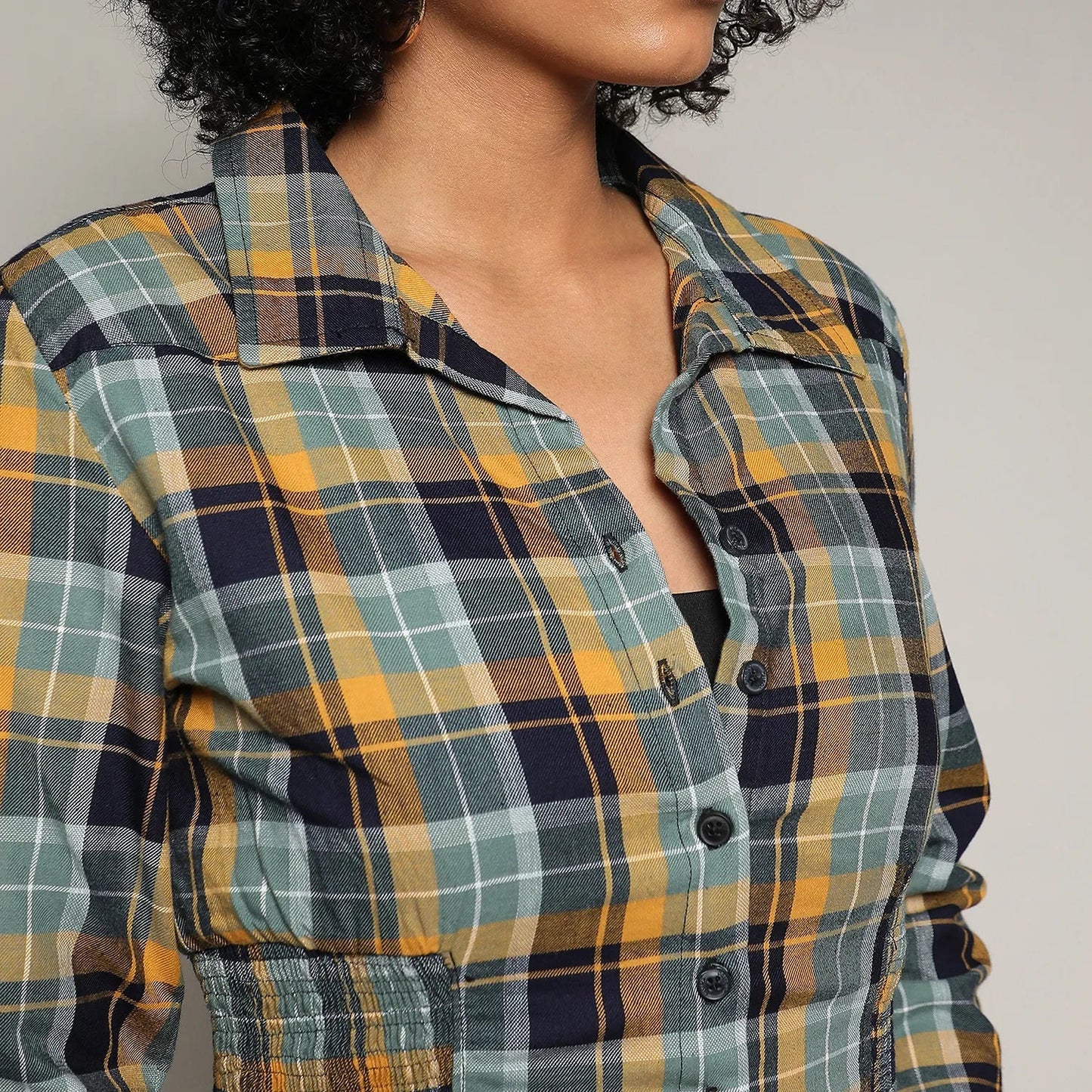 Tartan Plaid Cinched Cropped Shirt