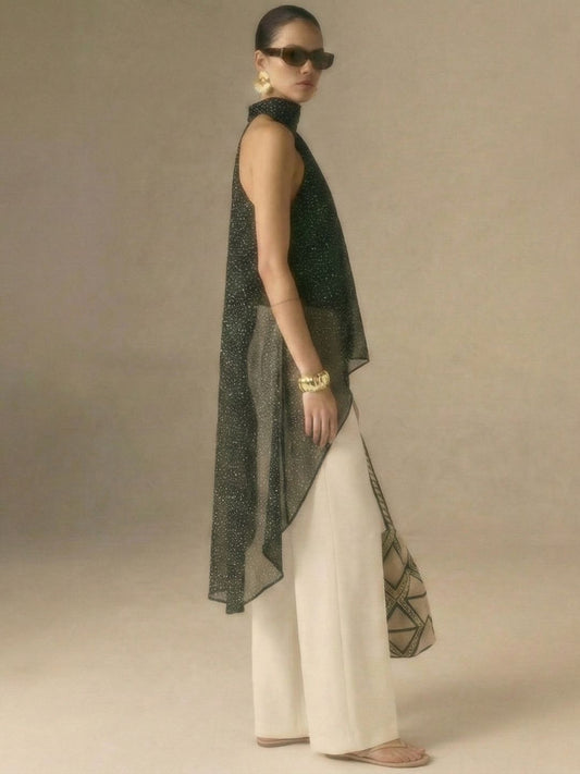 IS.U Black Halter-Neck Chiffon Long Top