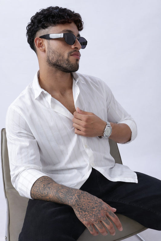 Pearl White Subtle Stripe Cotton Shirt Uri