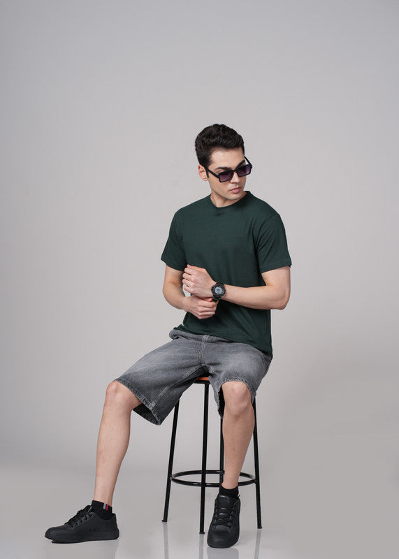 Funny Tales Solid Bottle Green T-shirt for Men