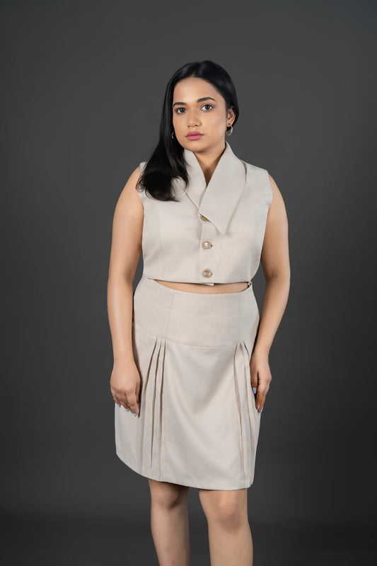 Women’s Beige Formal Waistcoat Top – Tailored Sleeveless Workwear Vest