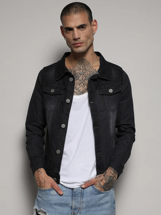 Dark-Wash Denim Jacket With Flap Pocket