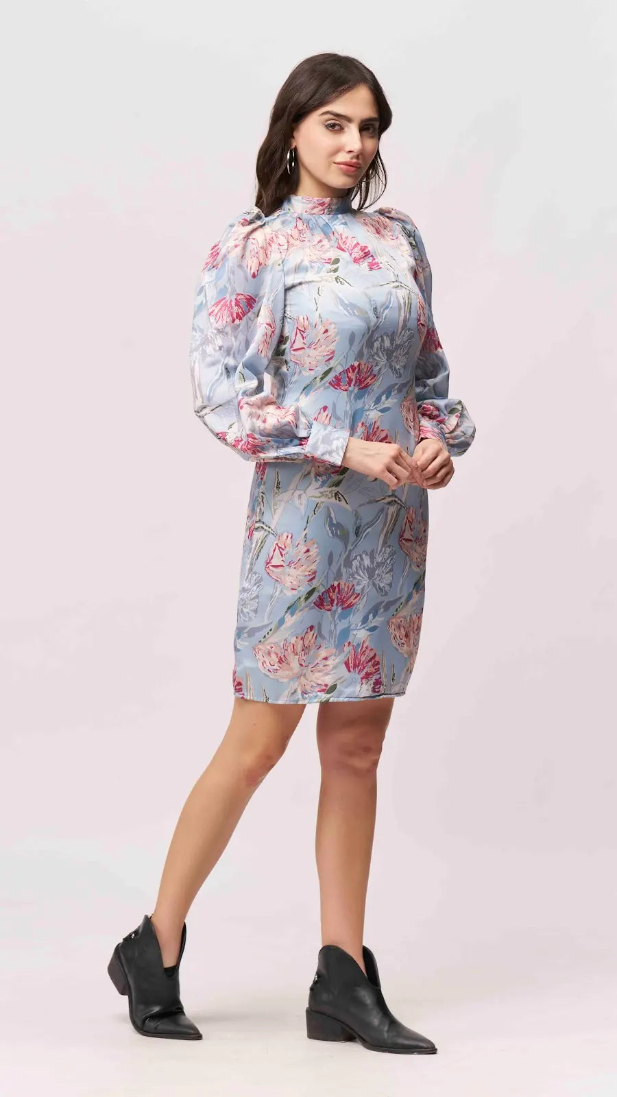 Pastel Floral Print Puff-Sleeve Mini Dress