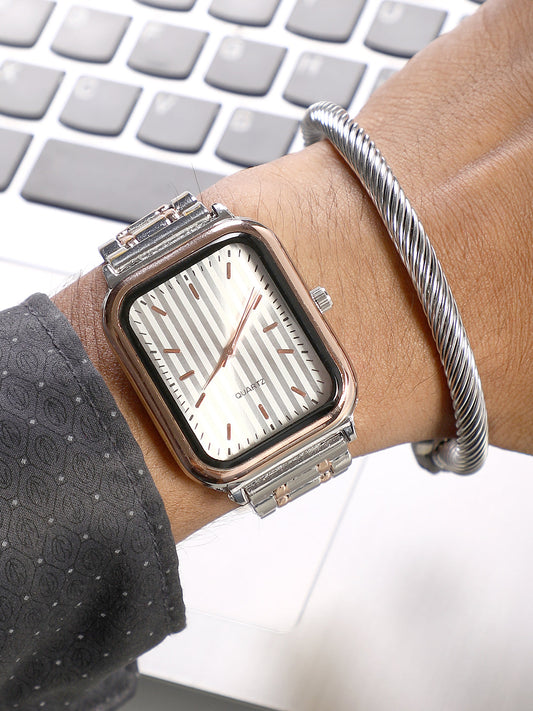 The Noir Rectangular Watch With Cuff Bracelet Combo