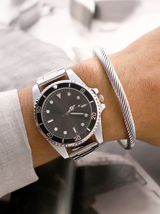 The Ribbed Round Watch With Cuff Bracelet Combo