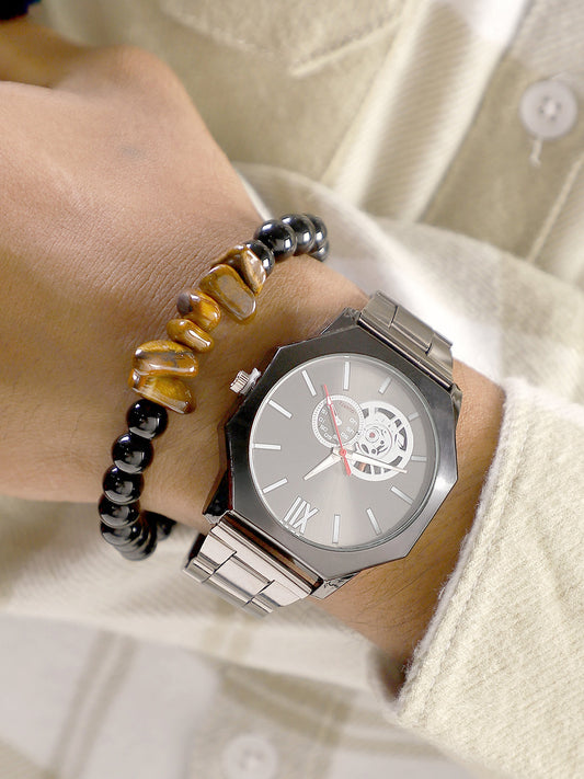The Formula Chain Round Watch With Beaded Bracelet Combo