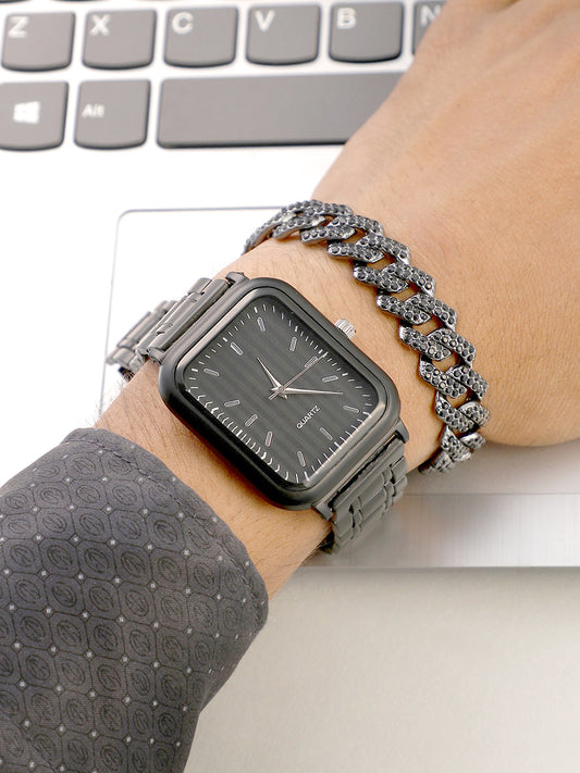 The Noir Rectangular Watch With Chain Bracelet Combo