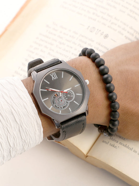 The Formula Leather Round Watch With Beaded Bracelet Combo