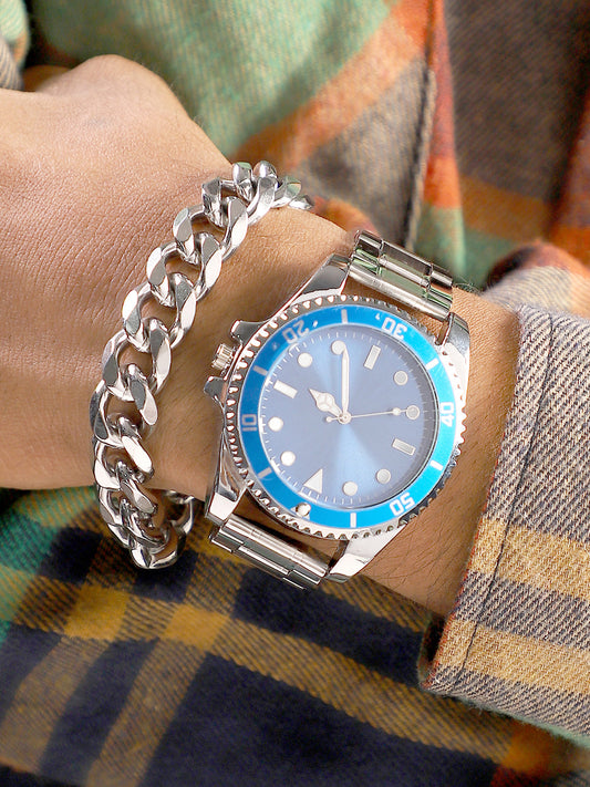 The Ribbed Round Watch With Chain Bracelet Combo