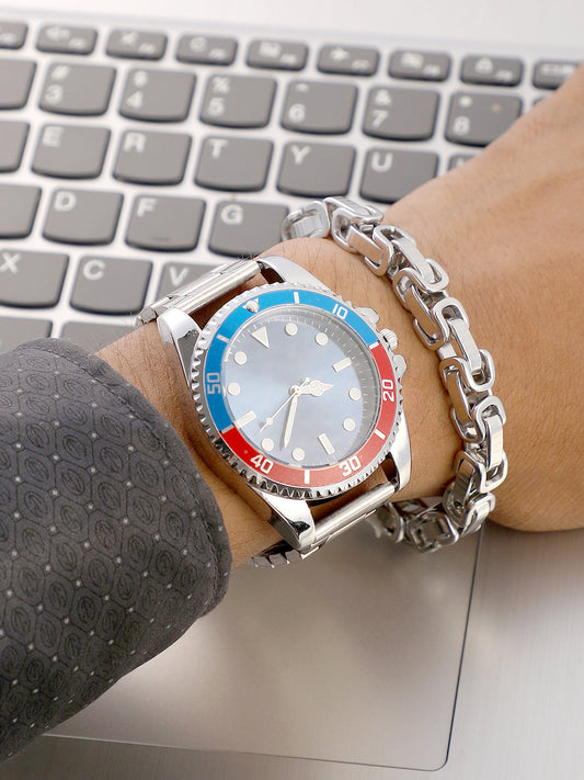 The Ribbed Round Watch With Chain Bracelet Combo