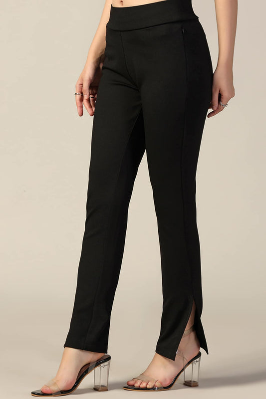 Black Solid Side Slit Pants