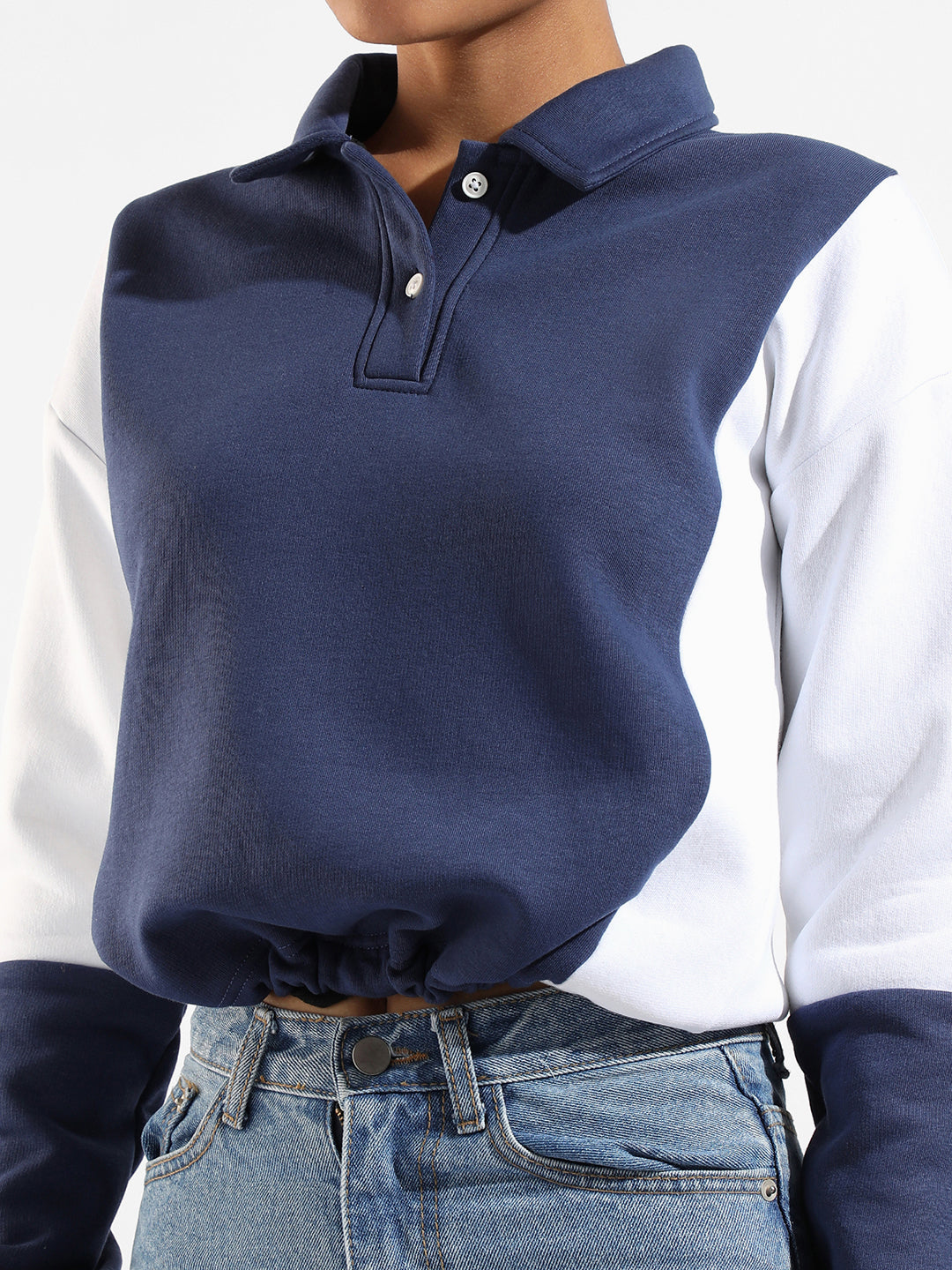 COTTON INDIGO BLUE COLOUR-BLOCKED REGULAR FIT SWEATSHIRT FOR CASUAL WEAR