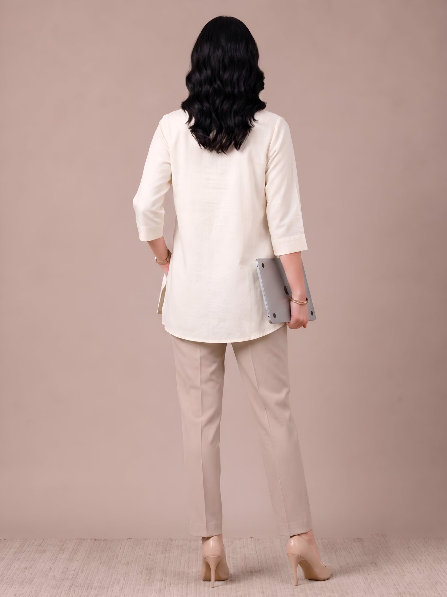 Cream Modal Satin Embroidered Short Kurti