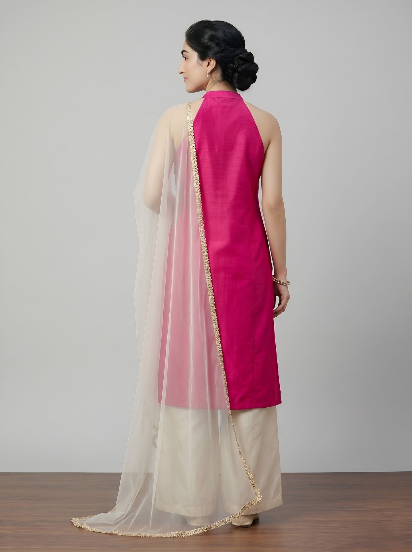 Barara Women’s Pink Embroidered Kurta with Ivory Palazzo & Dupatta Set