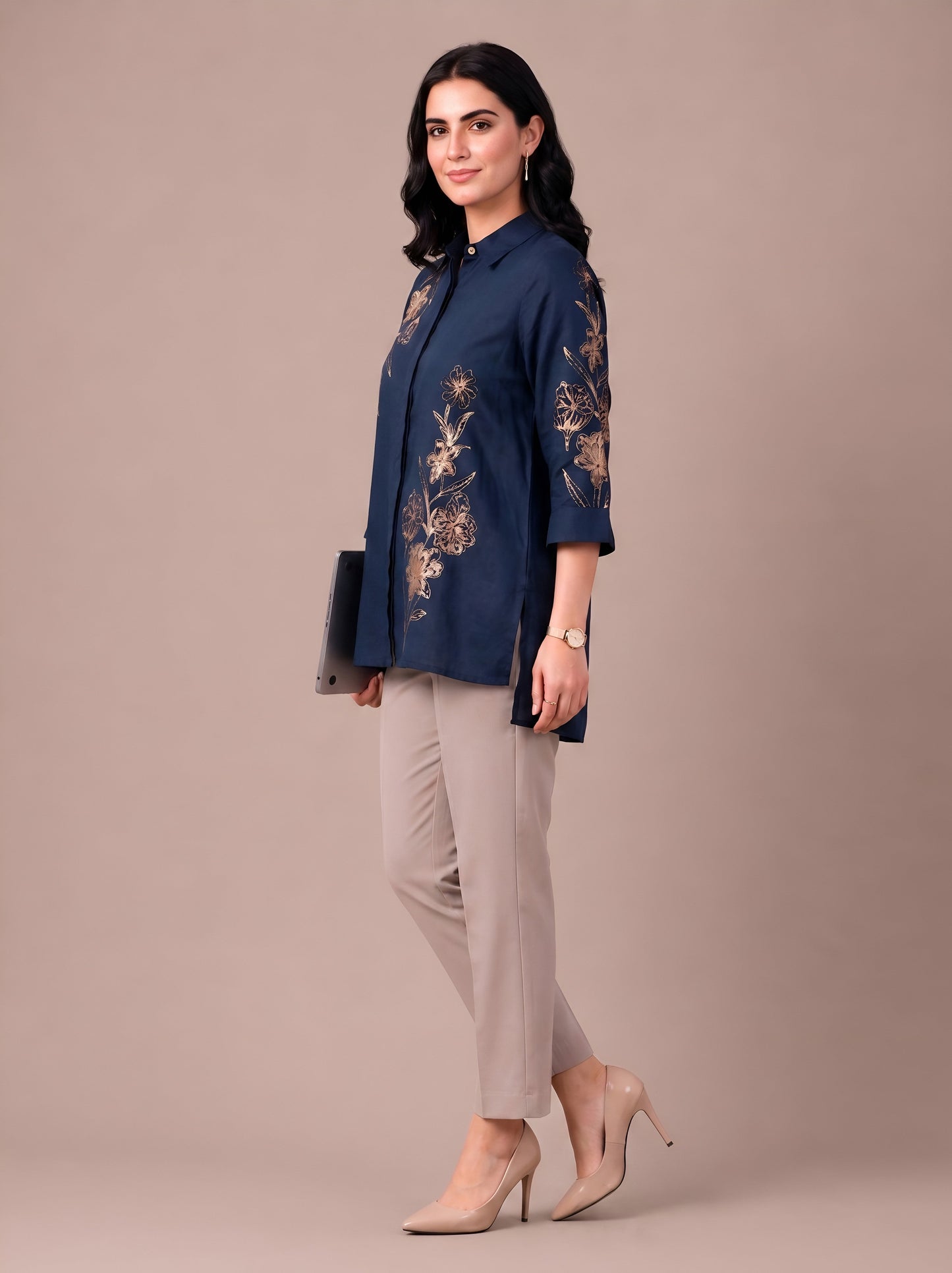 Navy Blue Modal Satin Embroidered Short Kurti