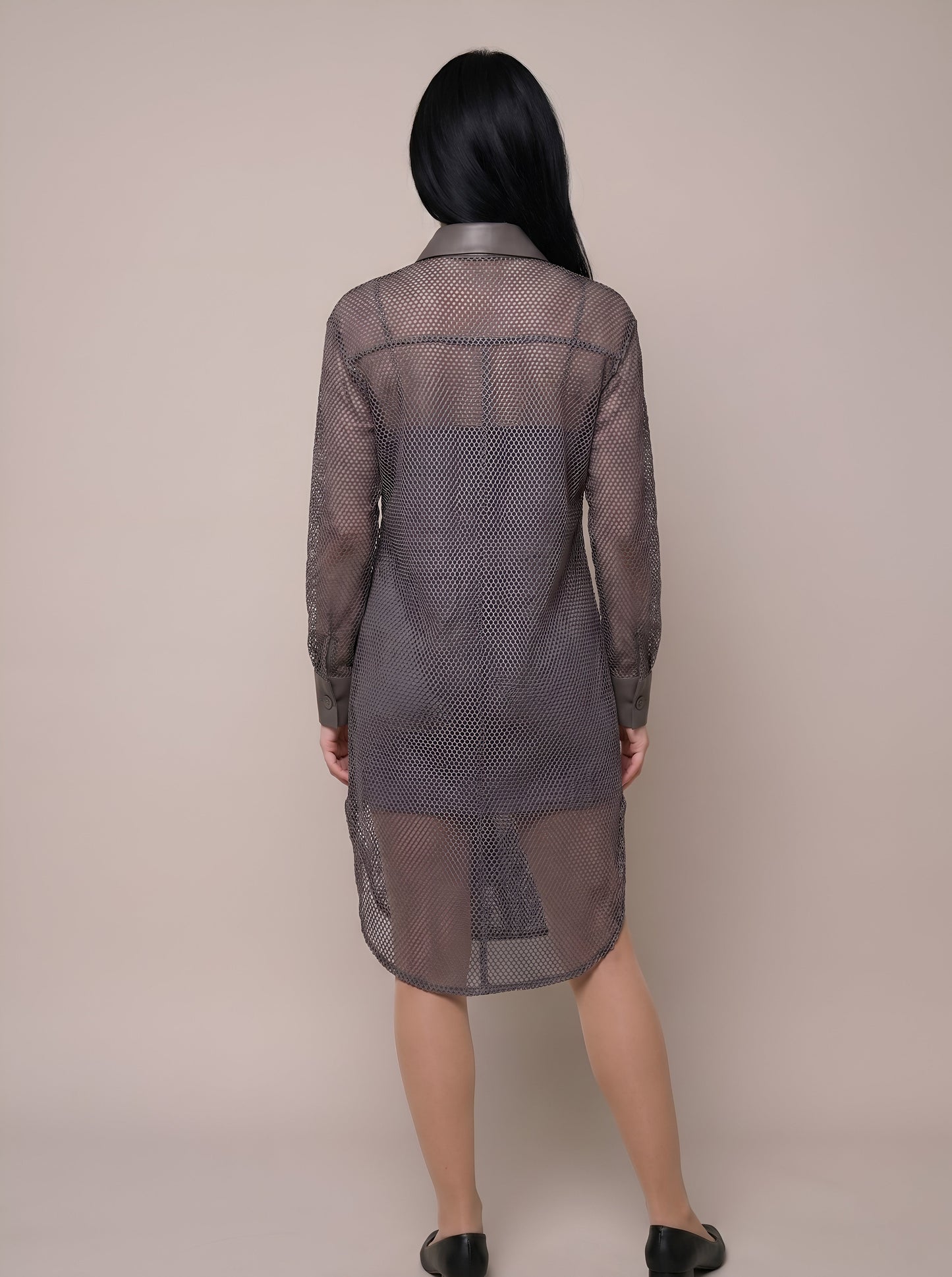 Women’s Black Sheer Mesh Shirt Dress with Faux Leather Details
