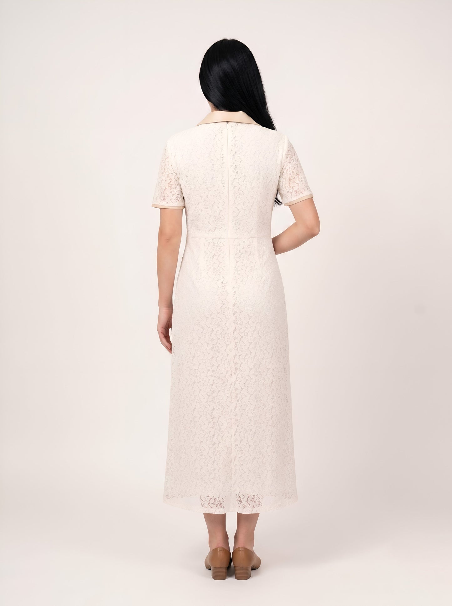 House of S Women's Ivory Lace Contrast Pocket Shirt Dress