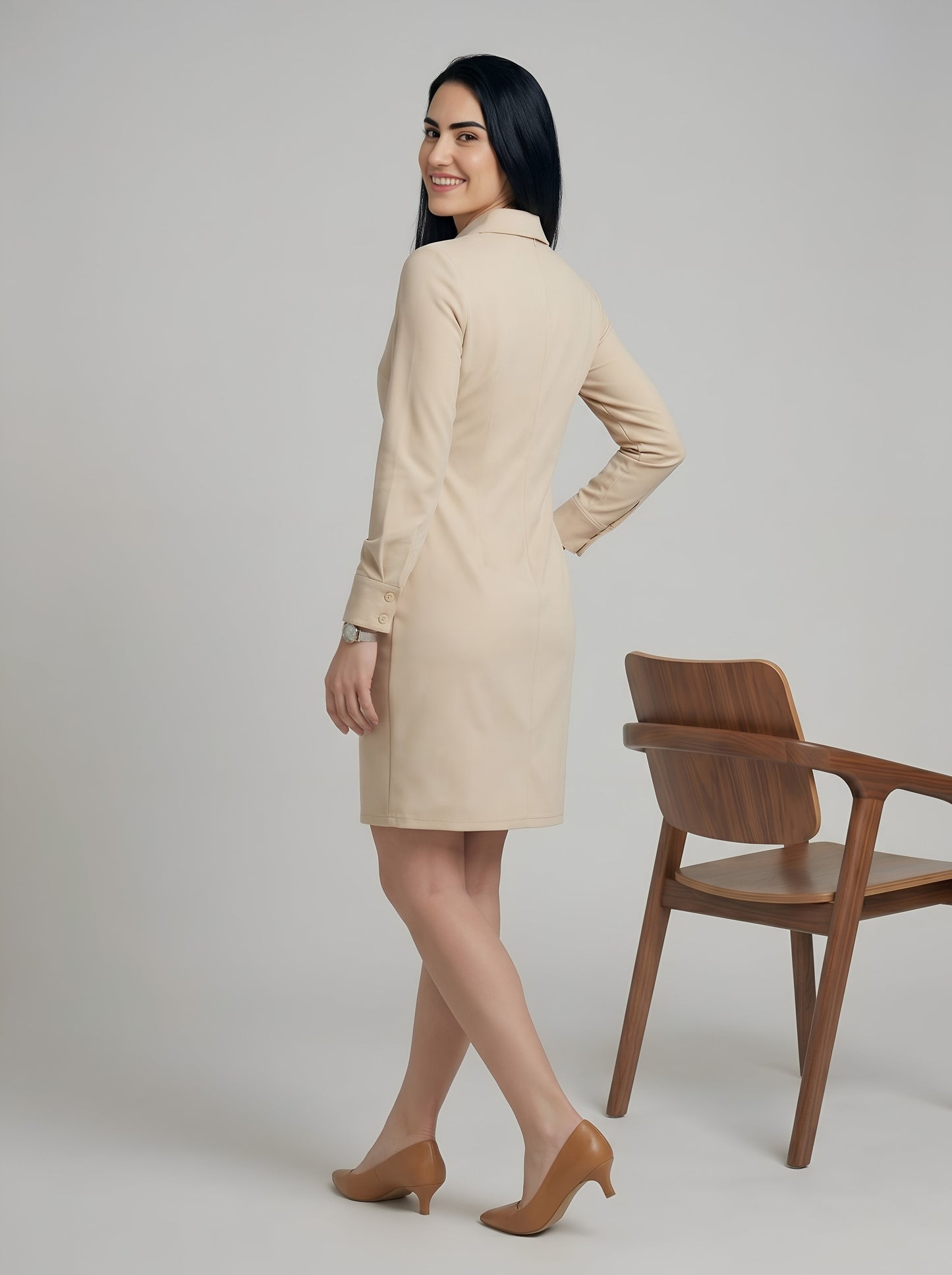 House of S Women's Beige Twist Front Shirt Dress