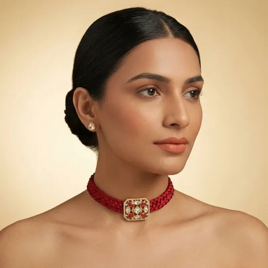 Maroon And Gold Beaded Kundan Floral Choker Necklace For Women