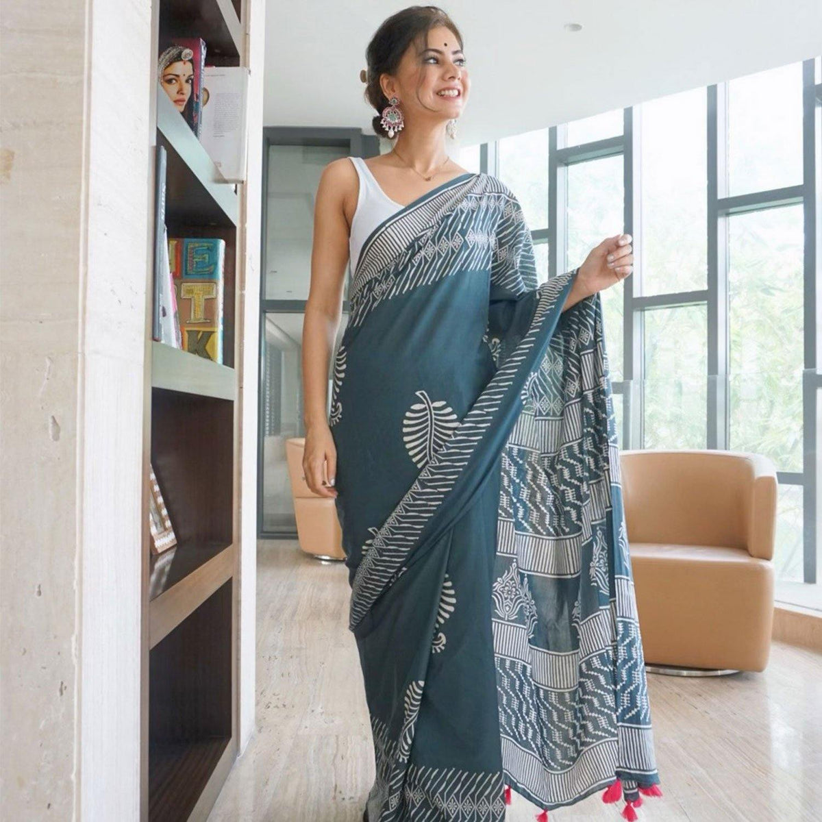 Grey Cotton Saree - Ambraee