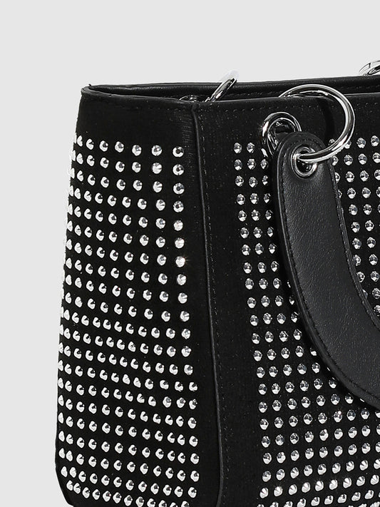 Rhinestone Top Handle Handbag - Black