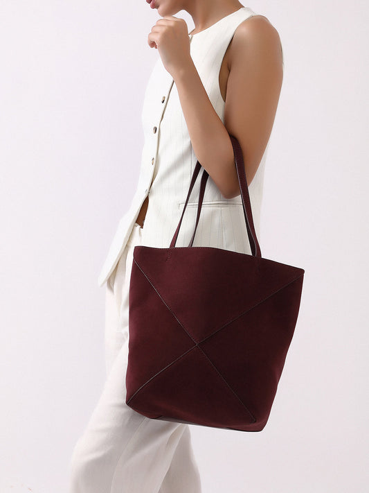 The Veloure Tote Bag With Pouch - Burgundy Red