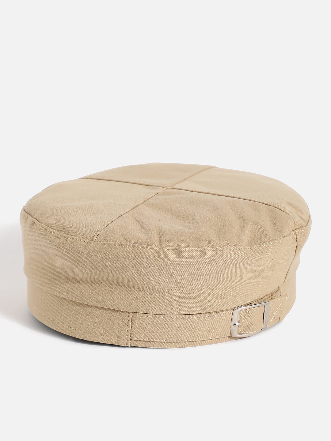 Beige Solid Beret Hat With Buckle Detail