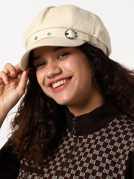 White Solid Bakerboy Cap With Buckle Detail