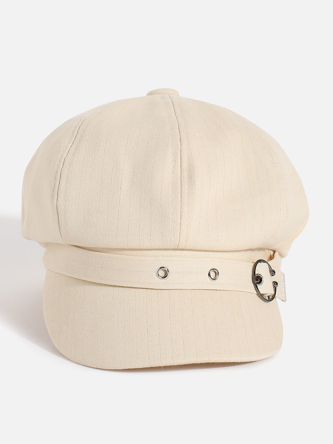 White Solid Bakerboy Cap With Buckle Detail