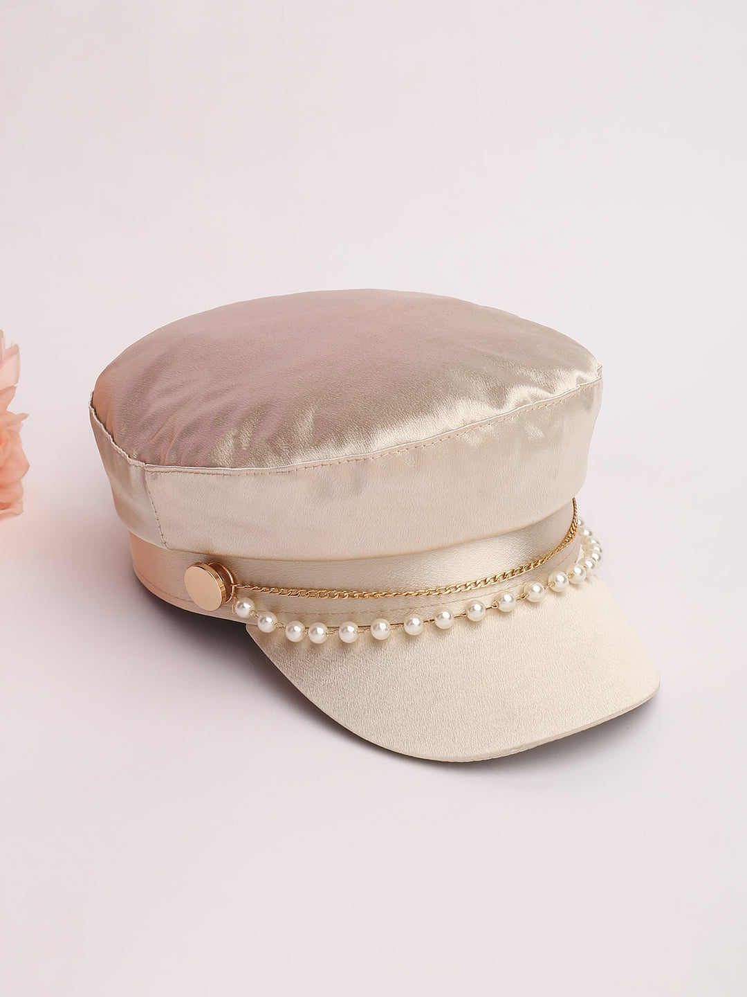 Chain-Lined Satin Bakerboy Cap - Saltbox Beige