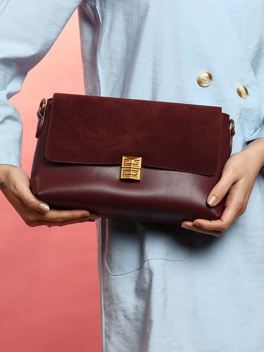 The Velvet Block Shoulder Bag - Wine Red