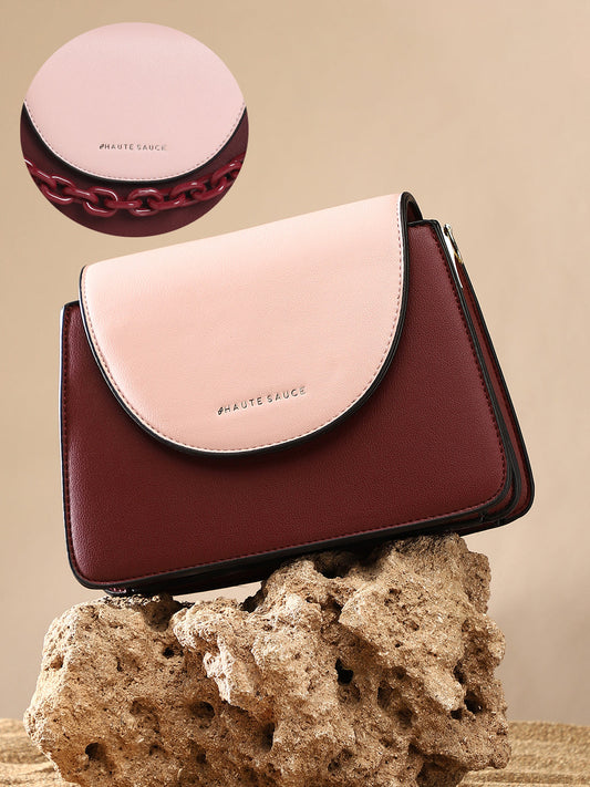 The Block Flap Hand Bag - Burgundy Red & Blush Pink